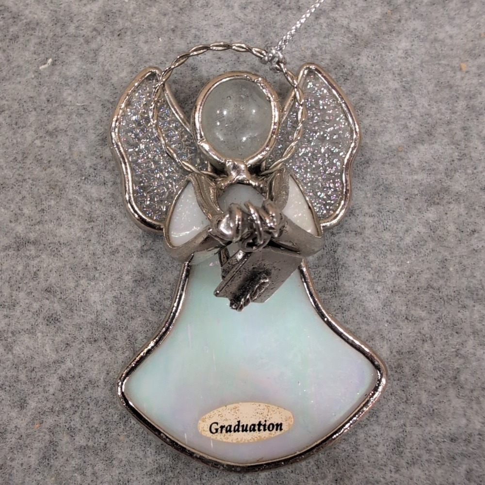 Graduation Angel Ornament Stained Glass Iridescent Silver Tone Metal Wings
